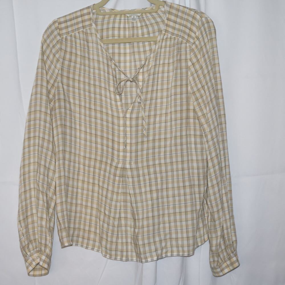 Lucky Brand Top Yellow Gray Tie Front Cotton Long Sleeve Front Pleat Blouse Sz M